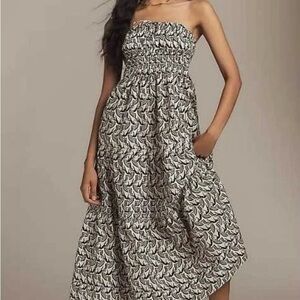 Strapless Black & White Printed Midi Dress